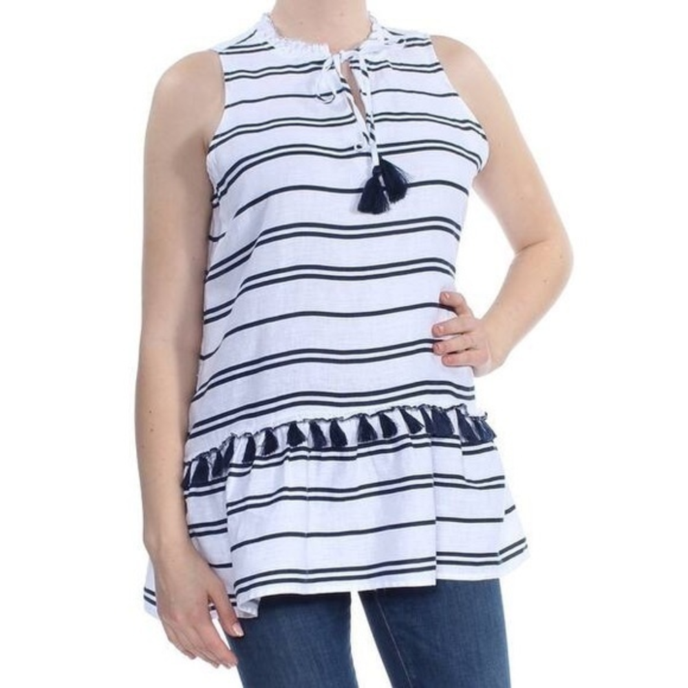 DONATING 03-15 striped sleeveless‎ linen blouse with decorative pom pom ties - Picture 2 of 3